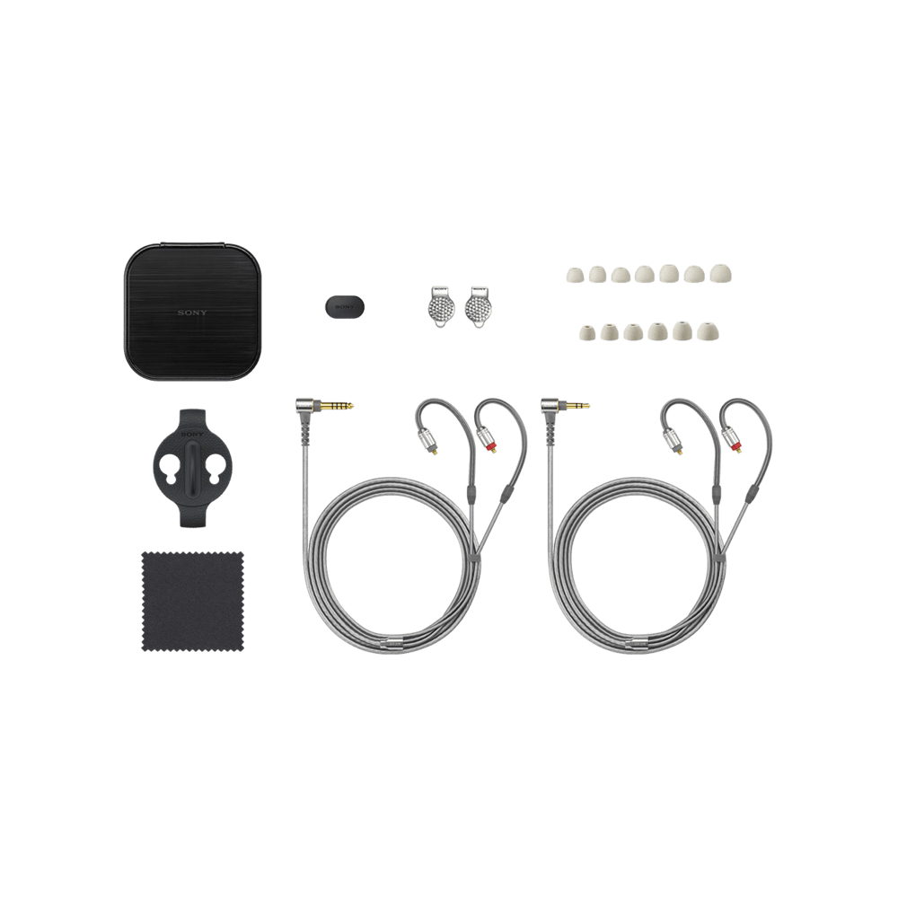 Sony IER-Z1R accessories: cables, ear tips, case, and cleaning cloth