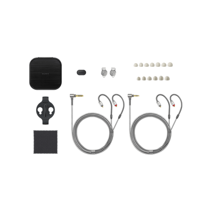 Sony IER-Z1R accessories: cables, ear tips, case, and cleaning cloth